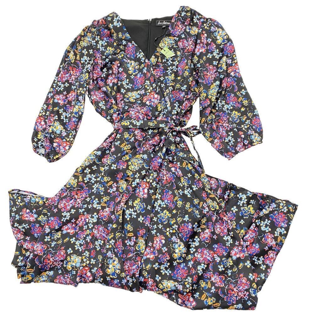 New SAM EDELMAN Black Mixed Floral Tiered Ruffle Wrap Maxi Dress Women's Sz 10